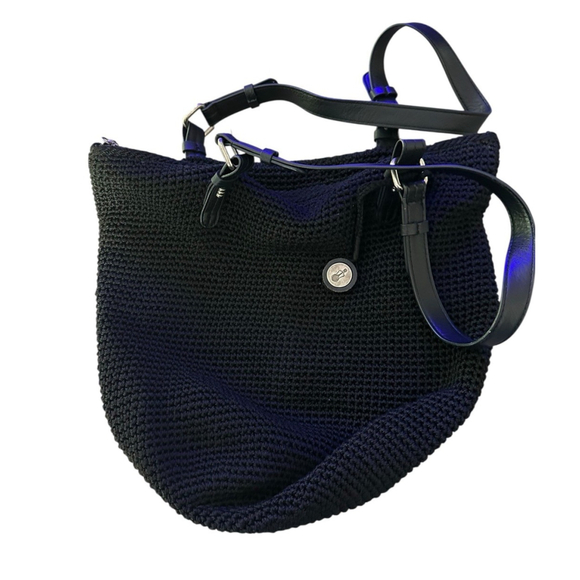 The Sak Crochet Tote Silverwood Shoulder Bag Black Double Straps Lined‎ Boho - Picture 1 of 11